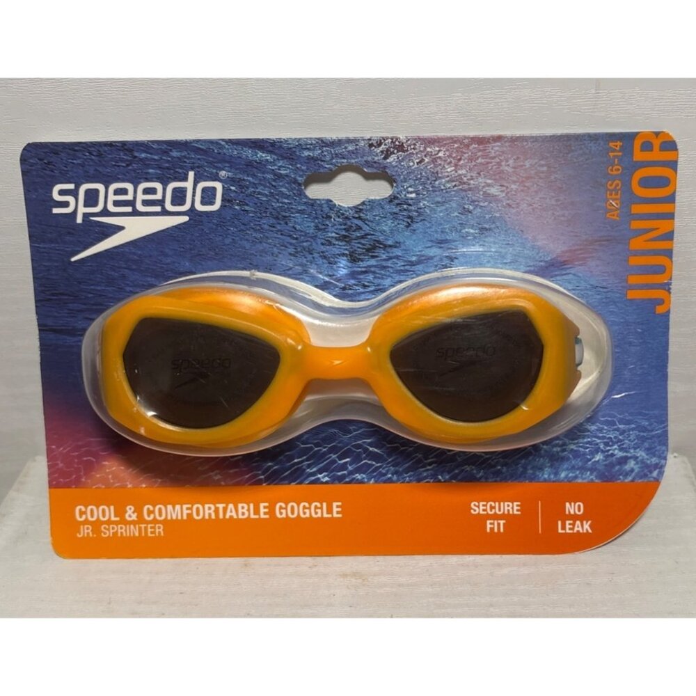 Speedo Jr Seim Goggles Sprinter Ages 6-14 Anti Fog UV Protect Orange No Leak New